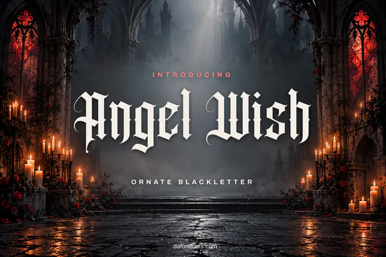 Angel Wish font poster: black blackletter on a gothic stone and candlelight background