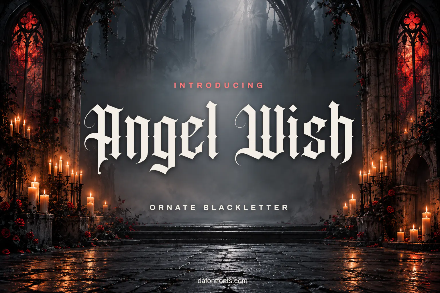 Angel Wish font poster: black blackletter on a gothic stone and candlelight background