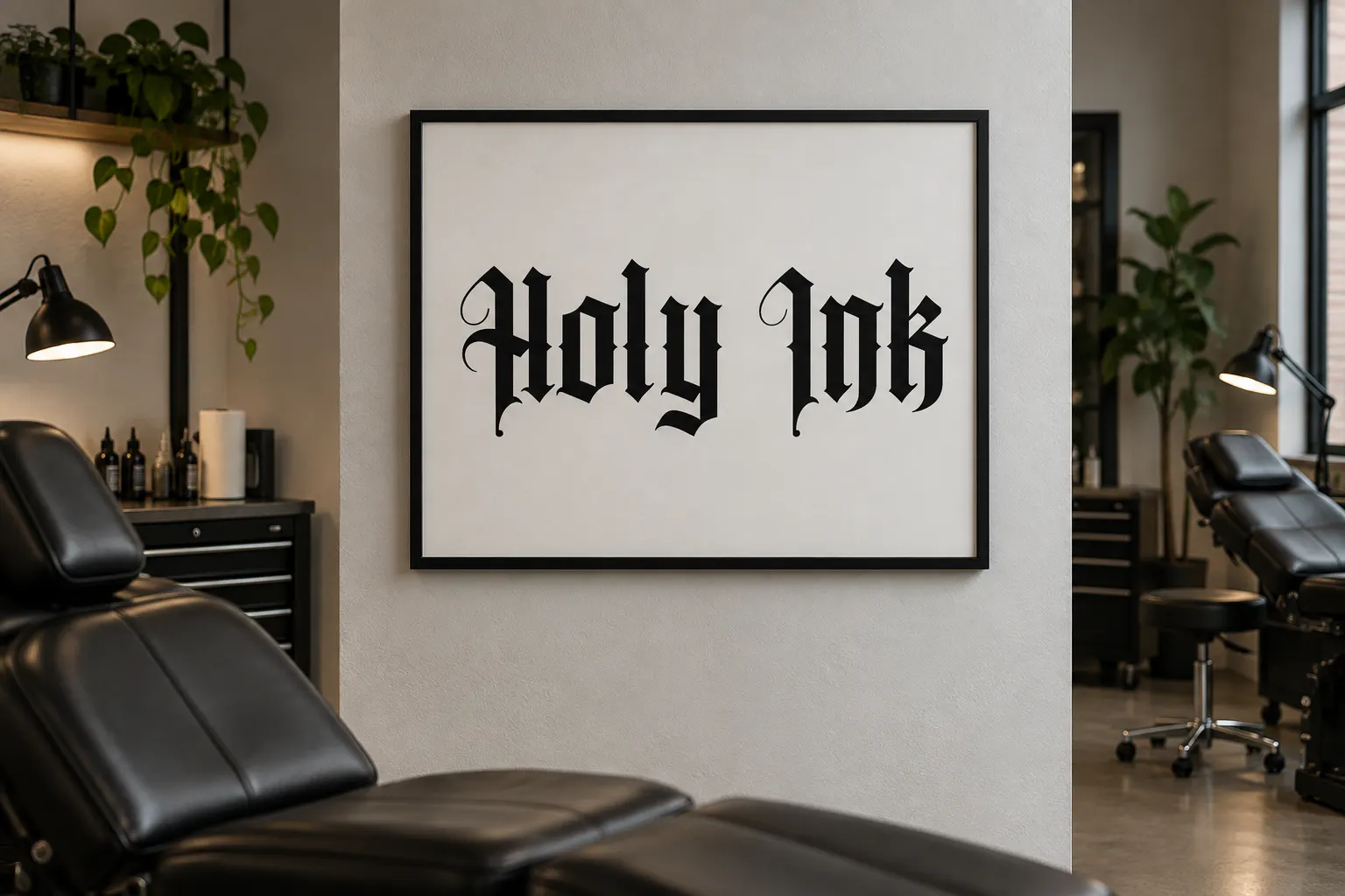 Angel Wish font on a tattoo studio poster reading Holy Ink