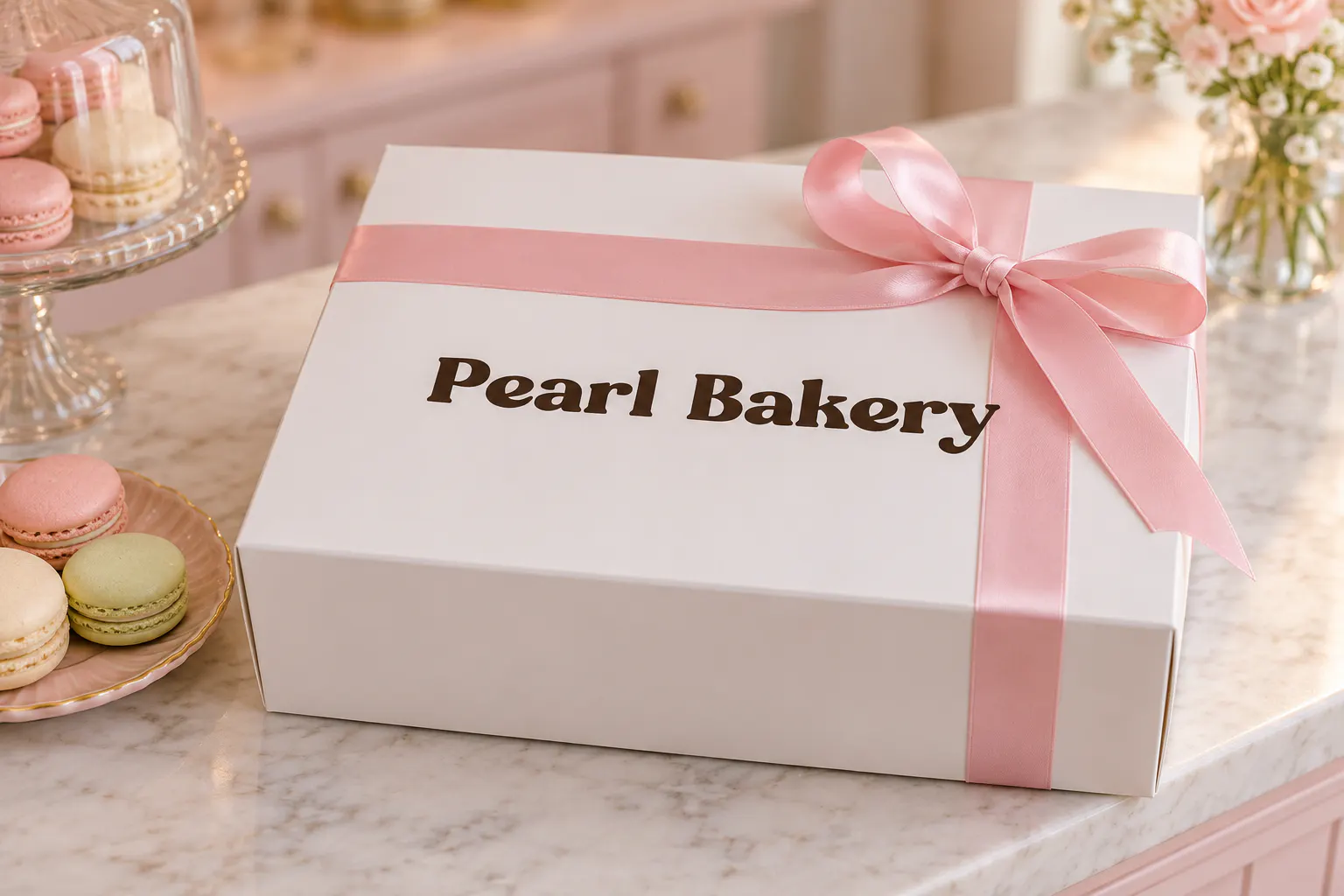 Angelic Pearl font on a cake box reading Pearl Bakery