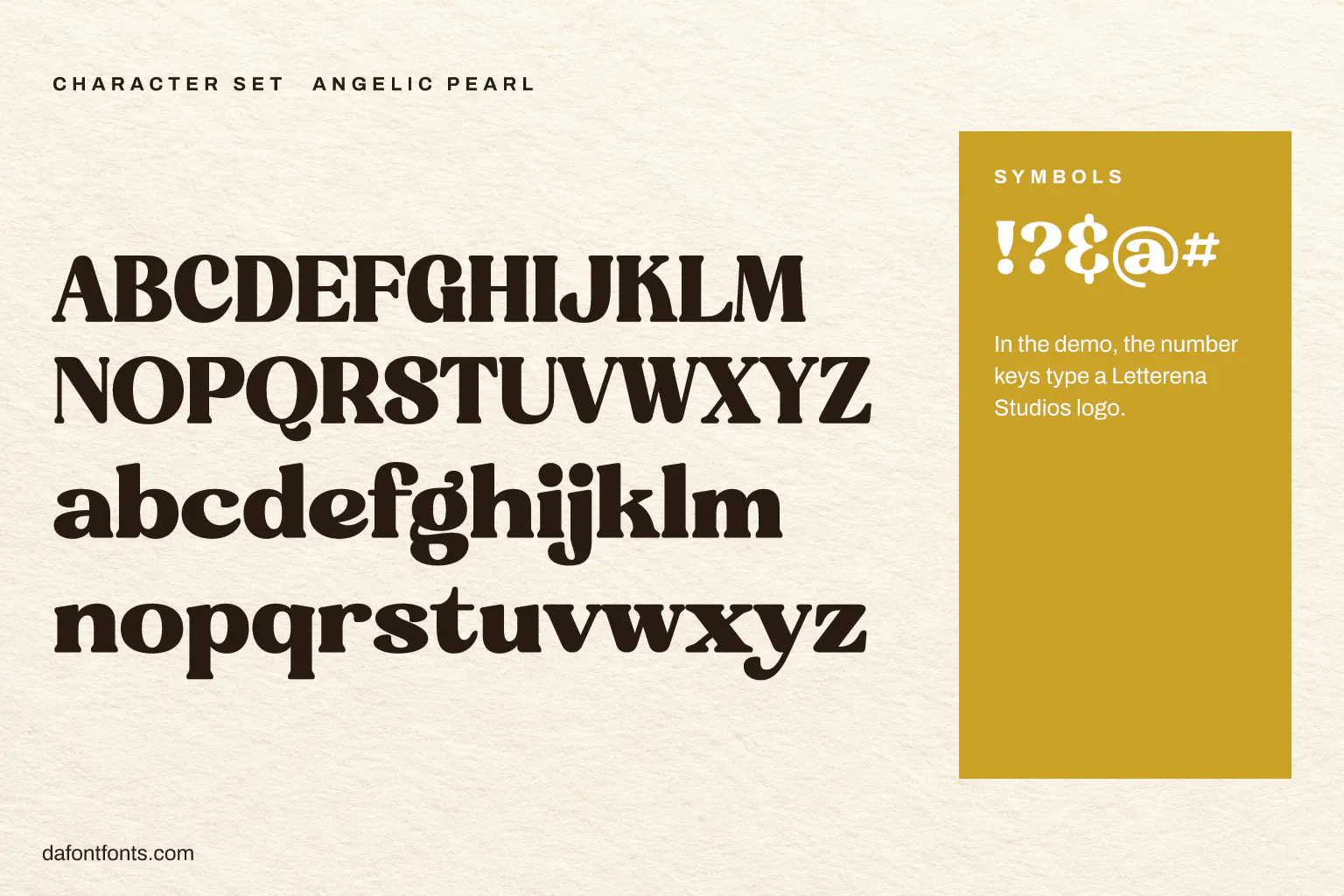 Angelic Pearl character set: capitals, lowercase and symbols (the number keys type a logo)