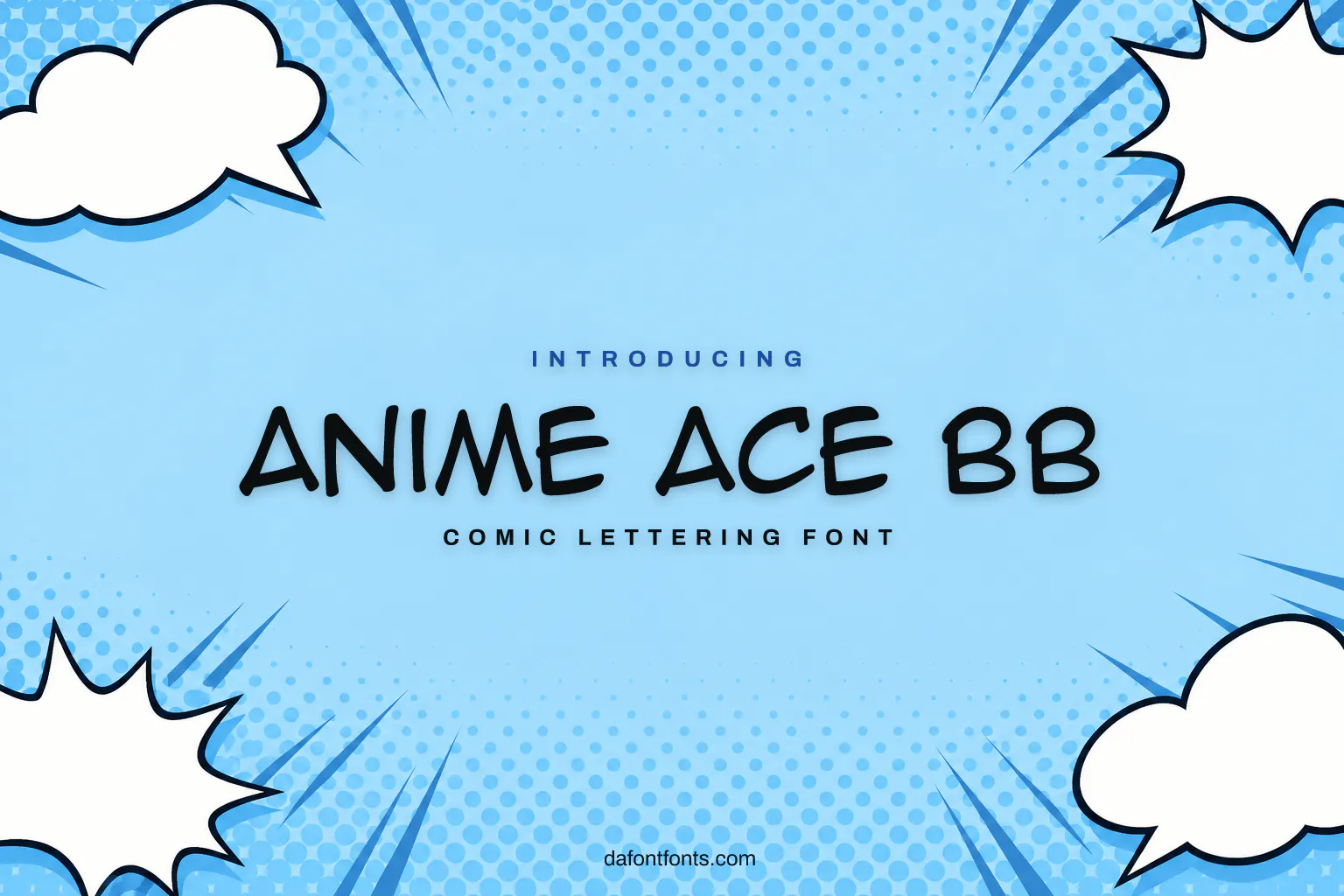 Anime Ace BB font poster: black comic lettering on a light blue halftone background with empty speech balloons