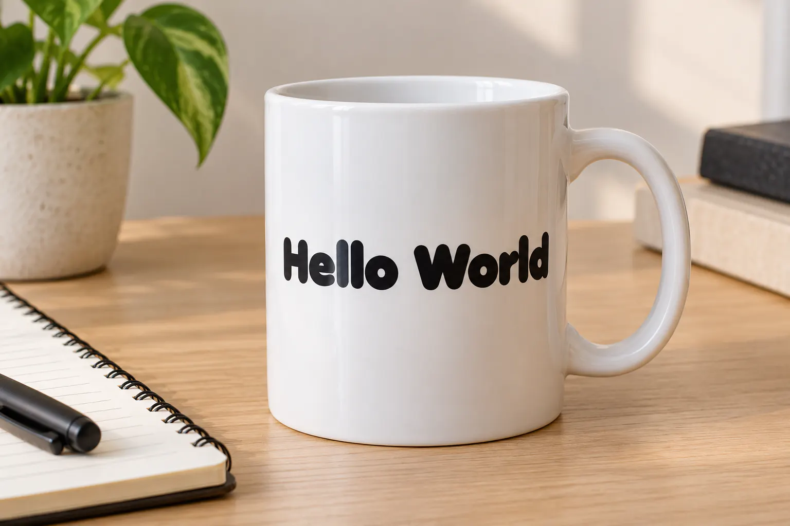Anja Eliane font on a coffee mug reading Hello World