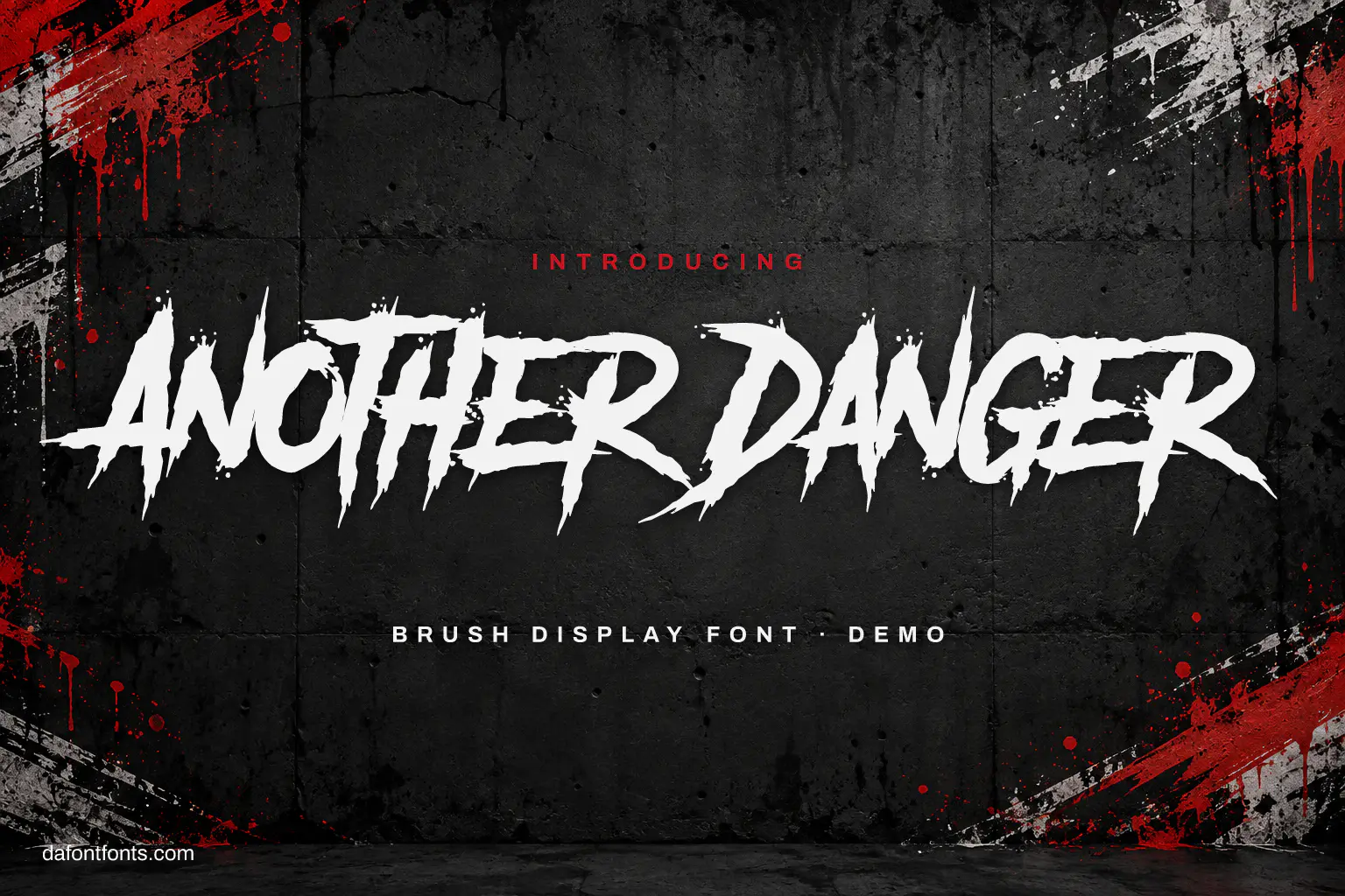 Another Danger font poster: white brush caps on dark concrete with red paint splatter