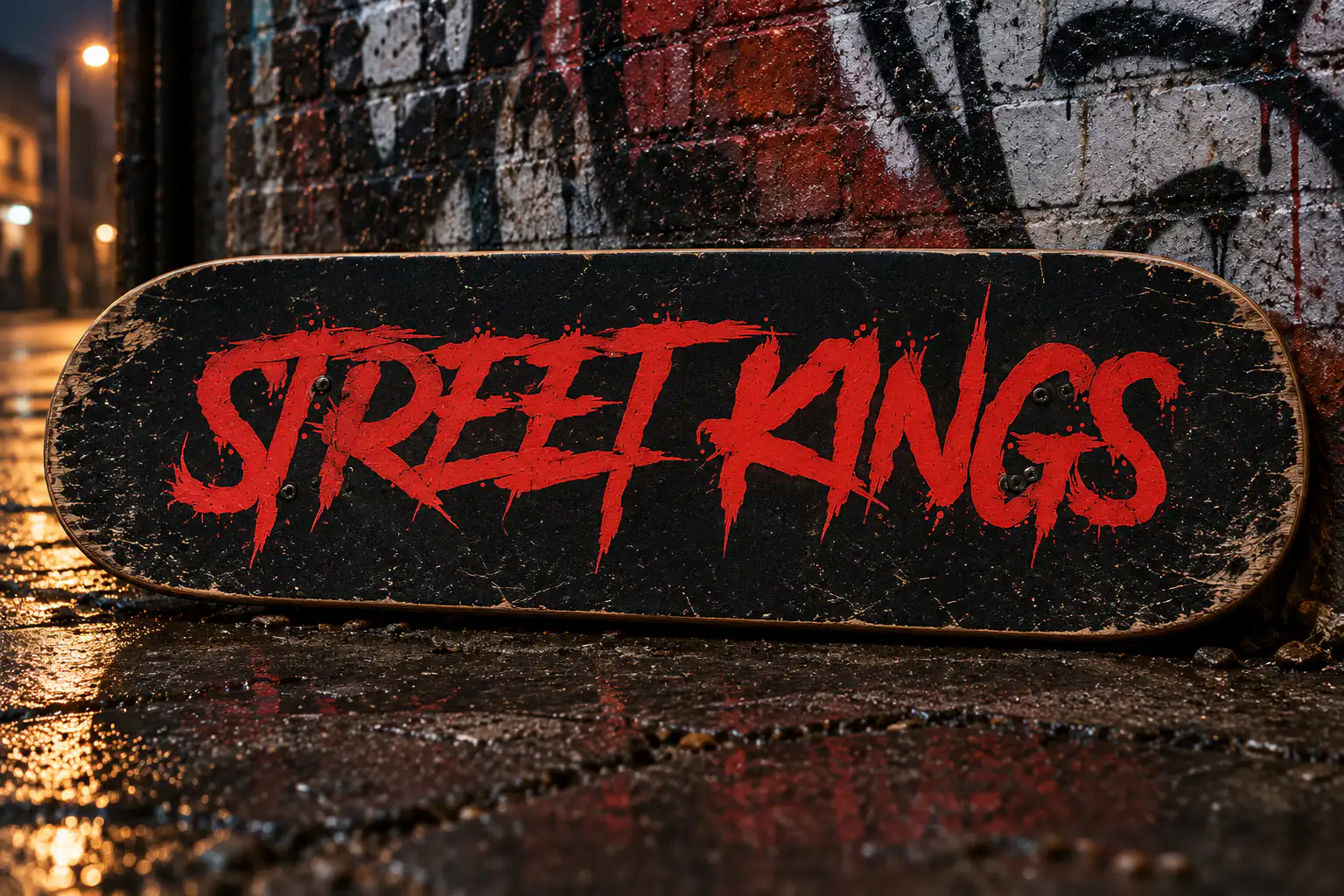 Another Danger font on a black skateboard deck reading STREET KINGS