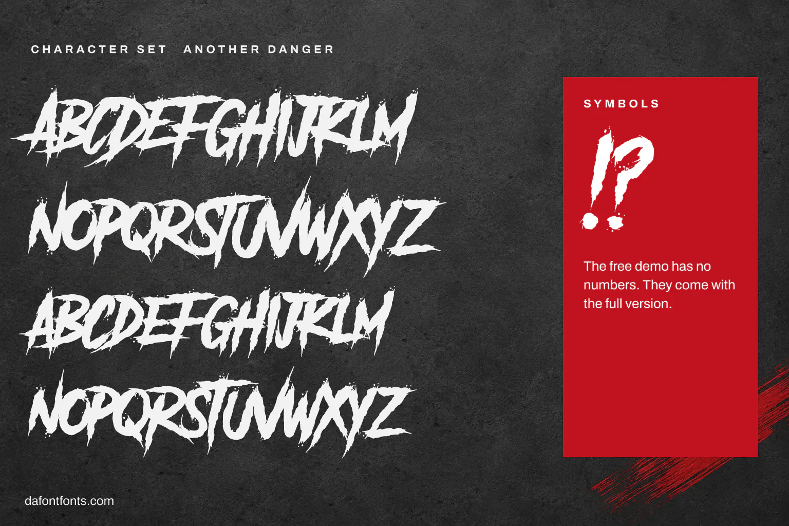 Another Danger character set: capitals A to Z, alternate capitals on the lowercase keys, and ! ?