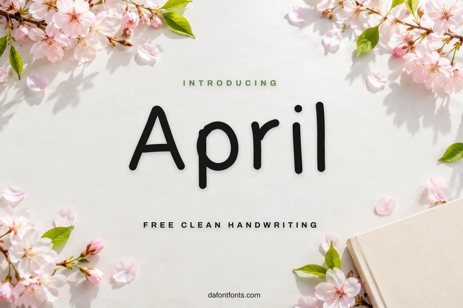 April font poster: black handwriting on a spring background with cherry blossoms