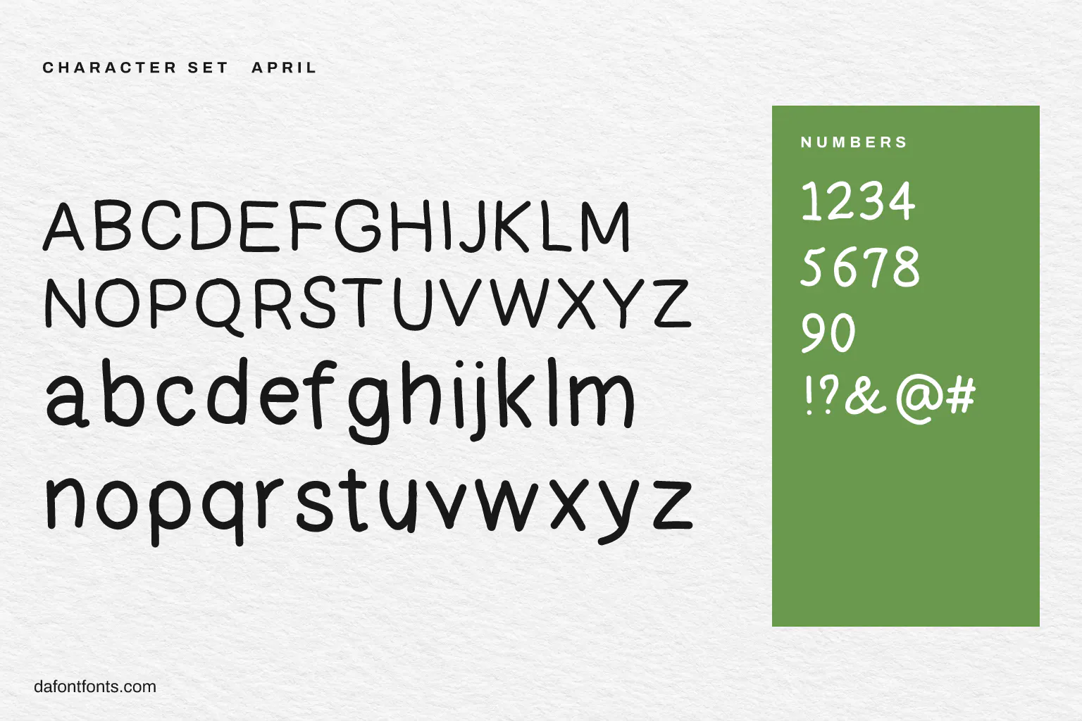 April character set: alphabet, numbers and symbols