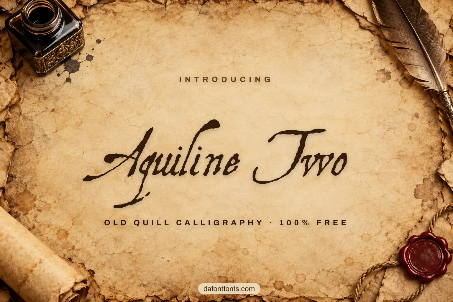 Aquiline Two font poster: dark brown quill calligraphy on aged parchment with a feather pen