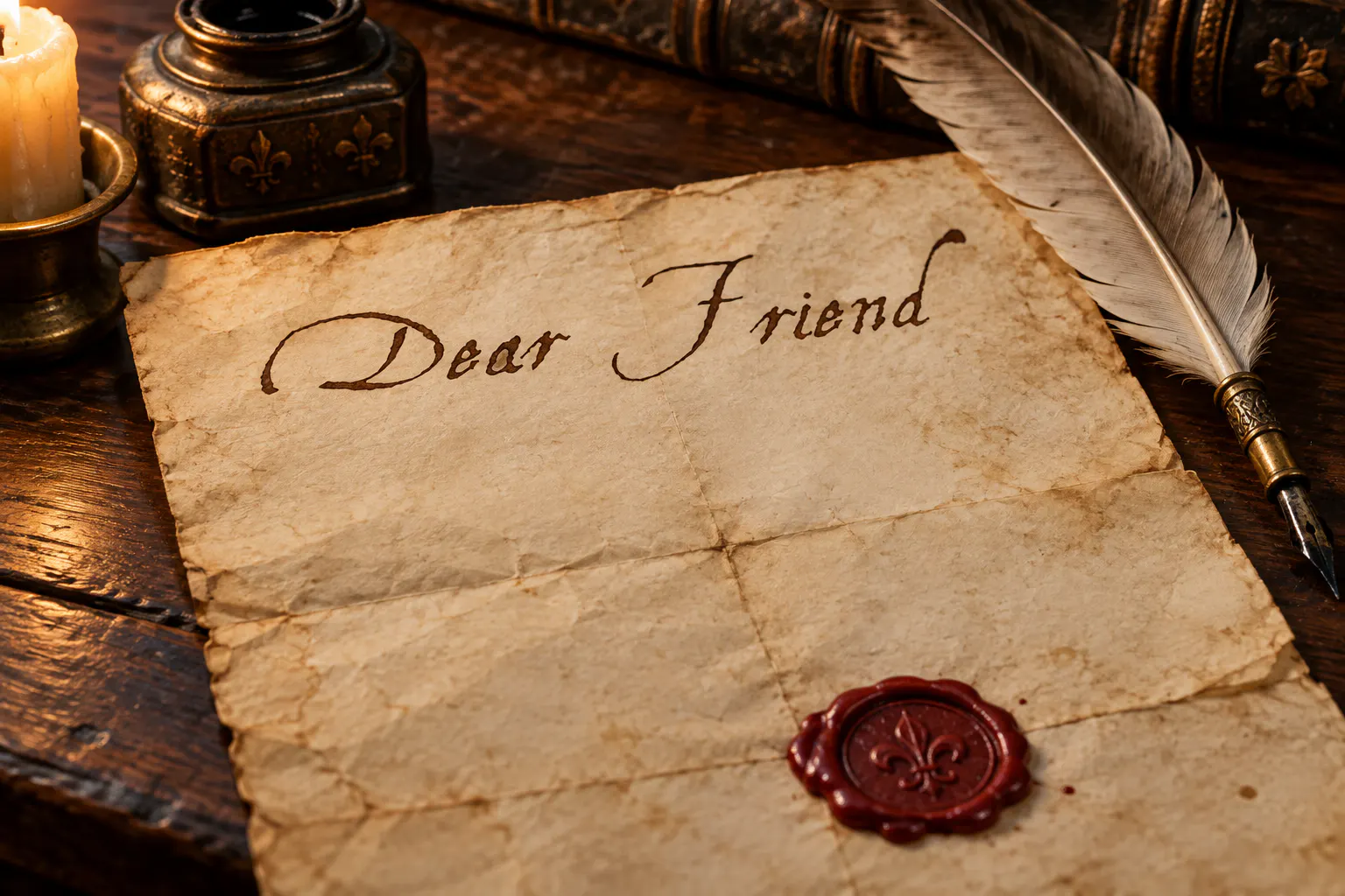 Aquiline Two font on an old sealed letter reading Dear Friend