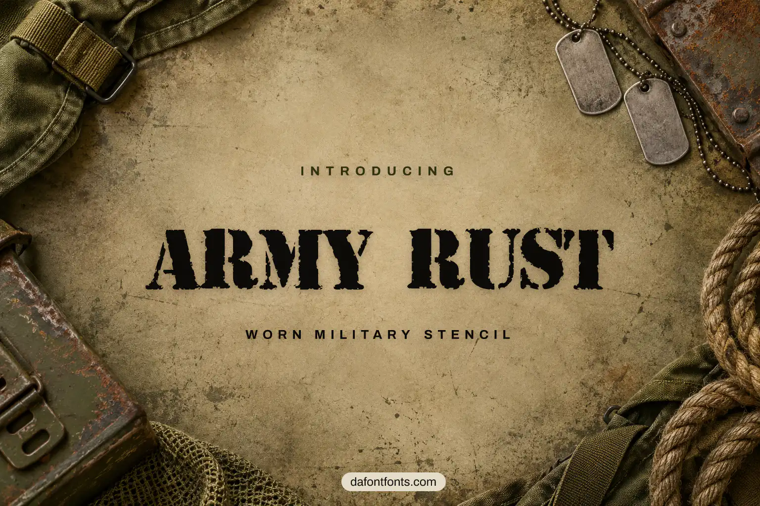 Army Rust font poster: stencil caps with olive canvas, rusty plates and rope