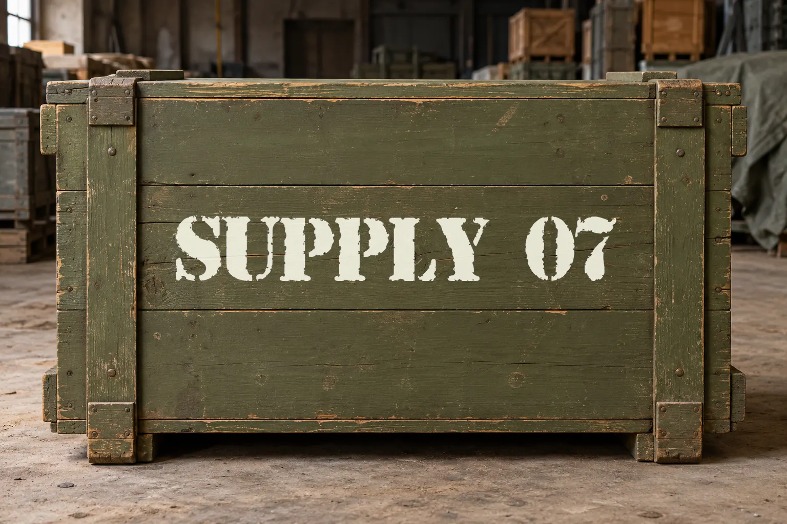 Army Rust font on an olive supply crate reading SUPPLY 07