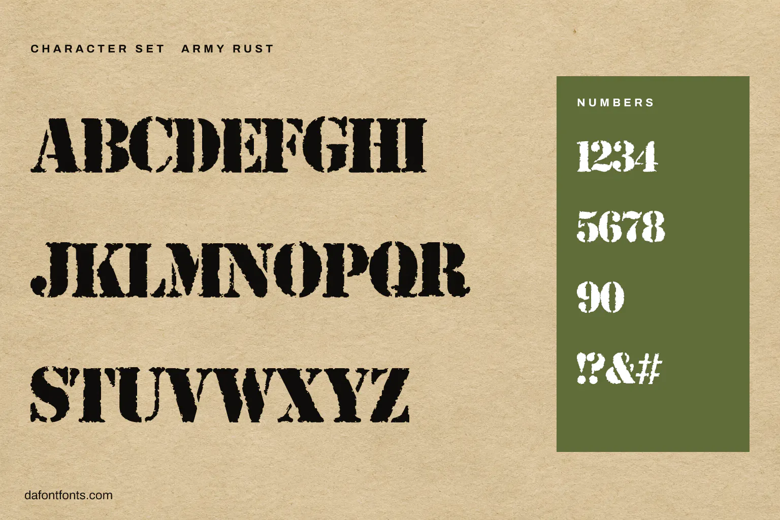 Army Rust character set: alphabet, numbers and symbols