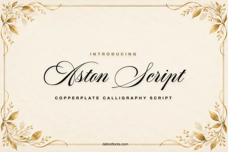 Aston Script font poster: black calligraphy on a cream background with gold leaves
