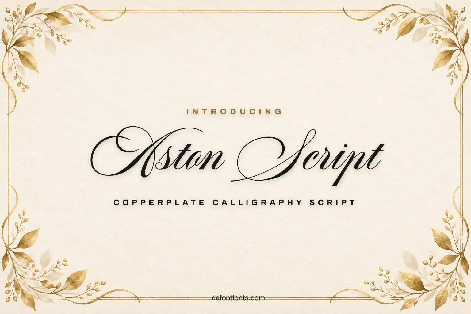 Aston Script font poster: black calligraphy on a cream background with gold leaves