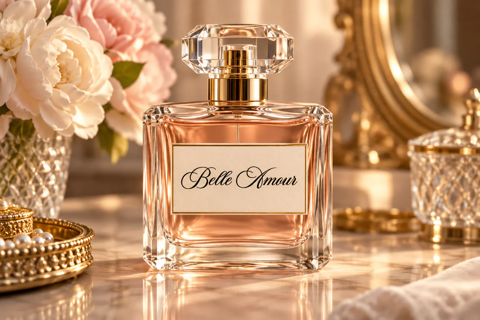 Aston Script font on a perfume bottle label reading Belle Amour