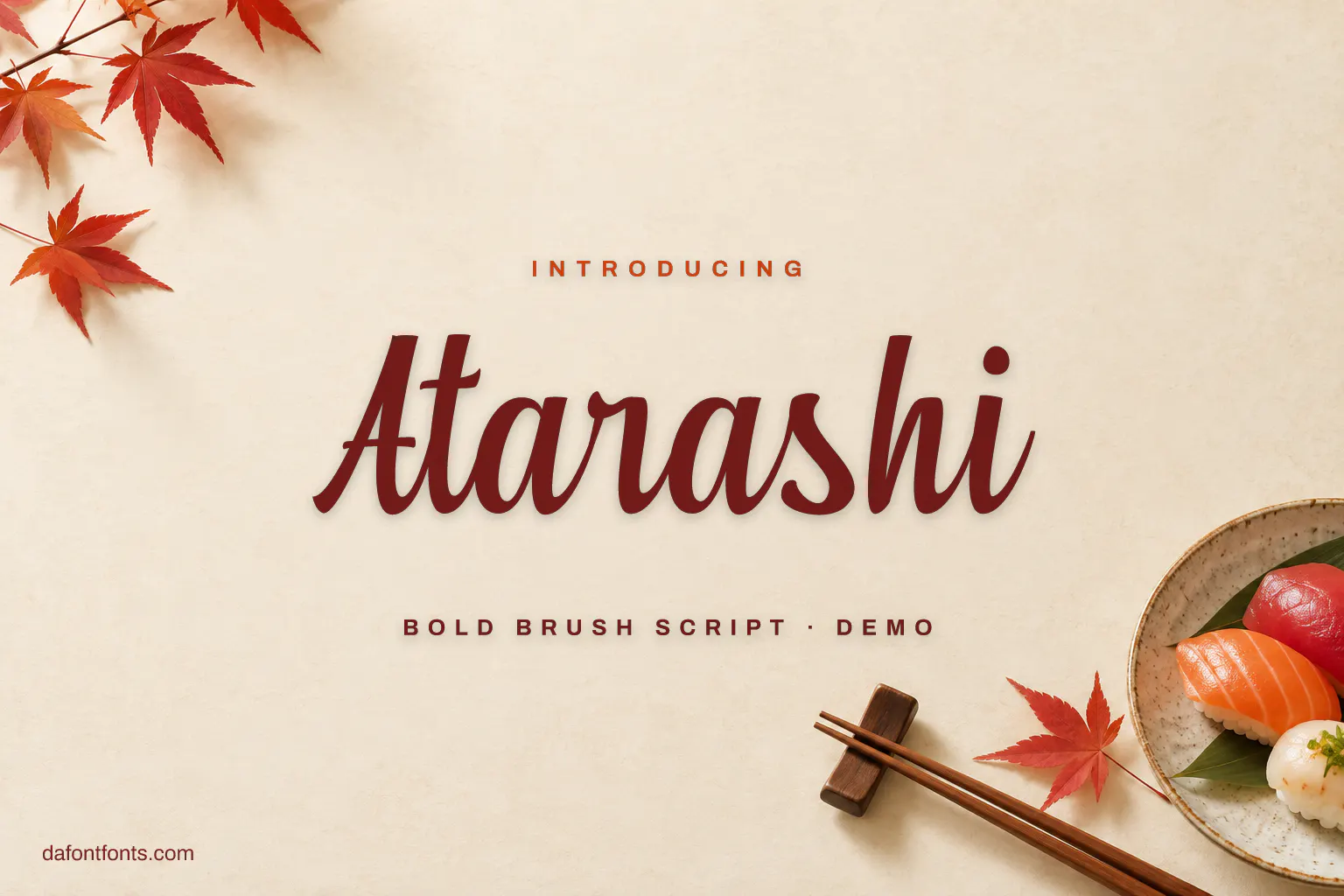 Atarashi font poster: deep red brush script on cream washi paper with maple leaves