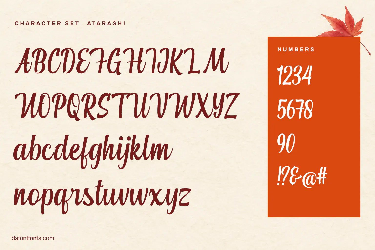 Atarashi character set: alphabet, numbers and symbols