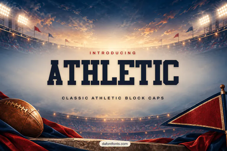 Athletic font poster: navy athletic block caps on a stadium background
