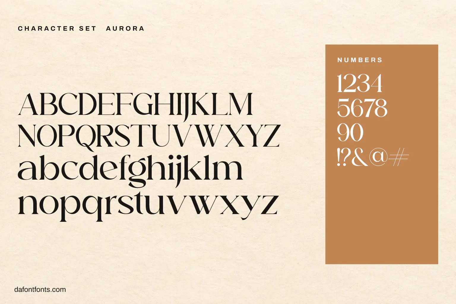 Aurora character set: alphabet, numbers and symbols