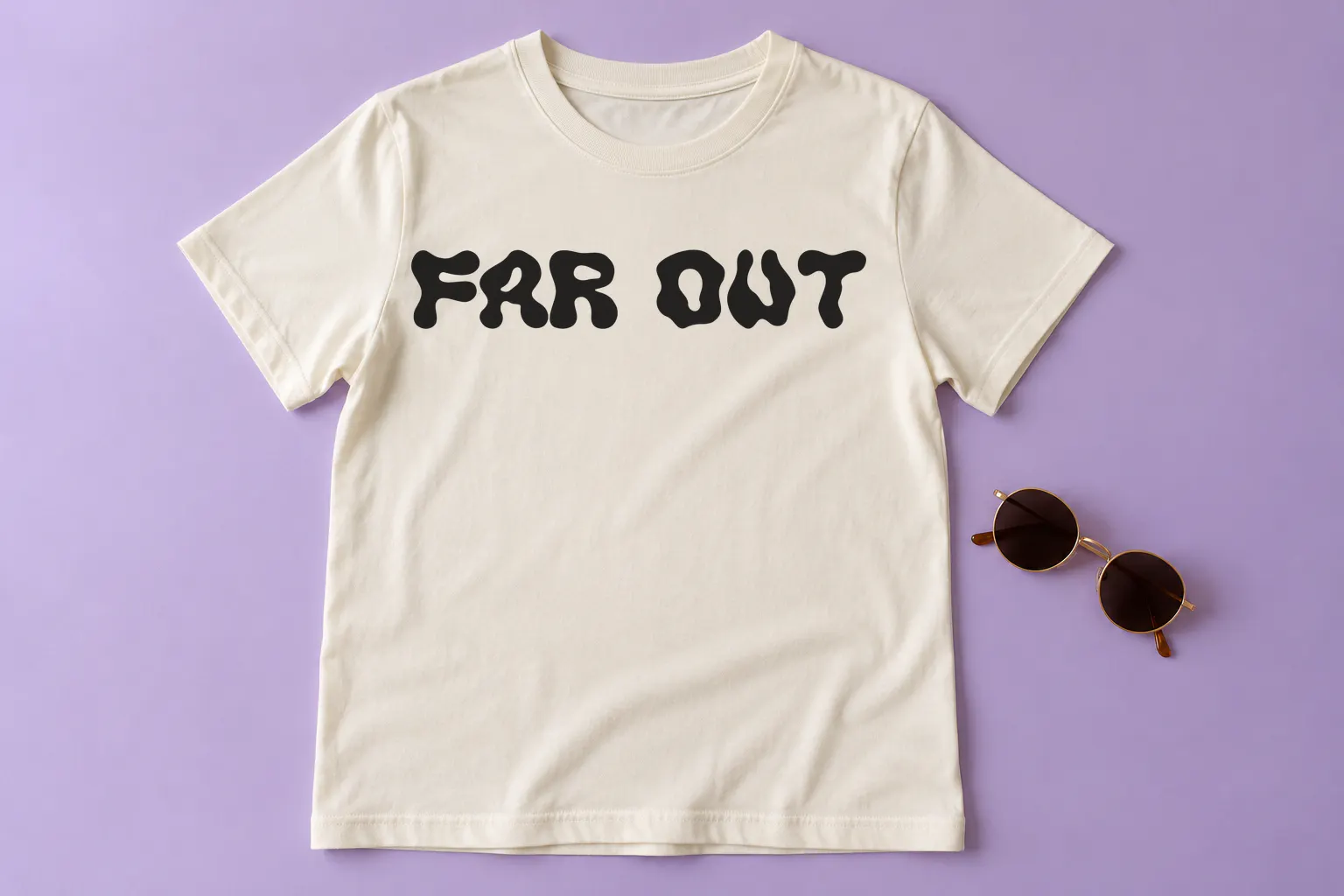 Aurora Pro font on a T-shirt reading FAR OUT
