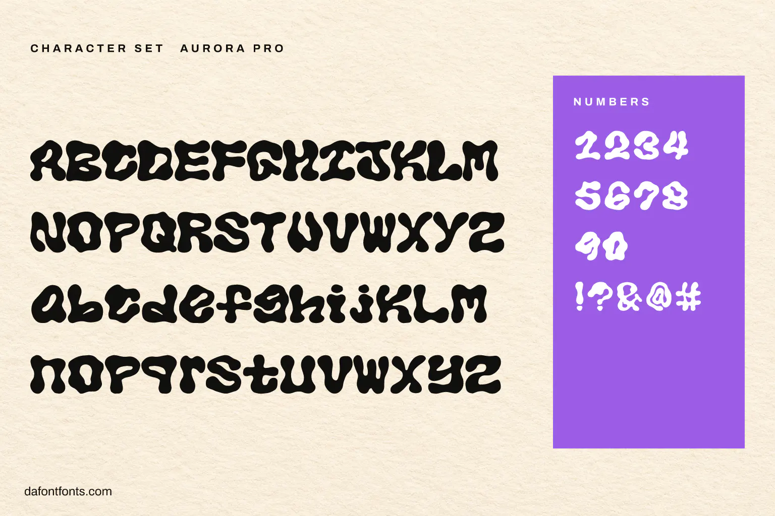 Aurora Pro character set: alphabet, numbers and symbols