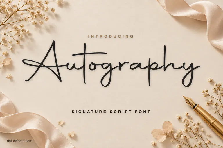 Autography font poster: thin signature script on beige linen with a gold pen