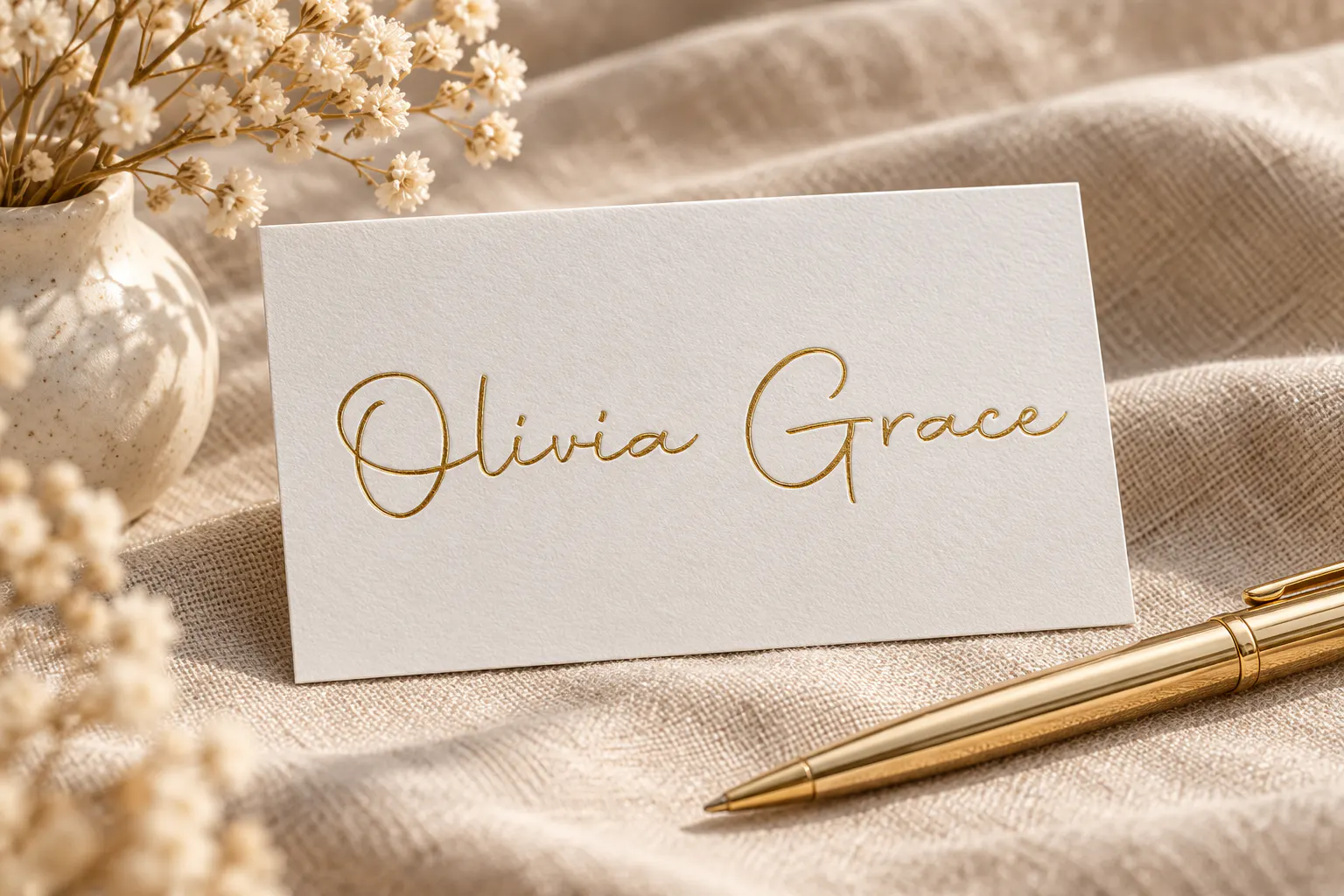 Autography font on an elegant business card reading Olivia Grace