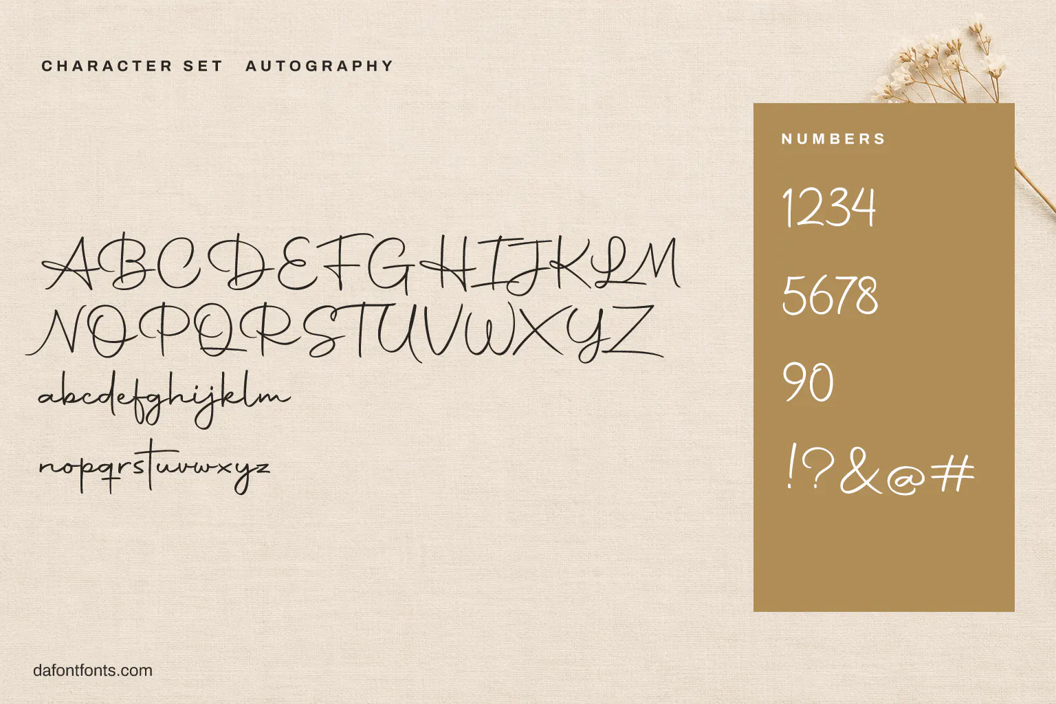 Autography character set: alphabet, numbers and symbols