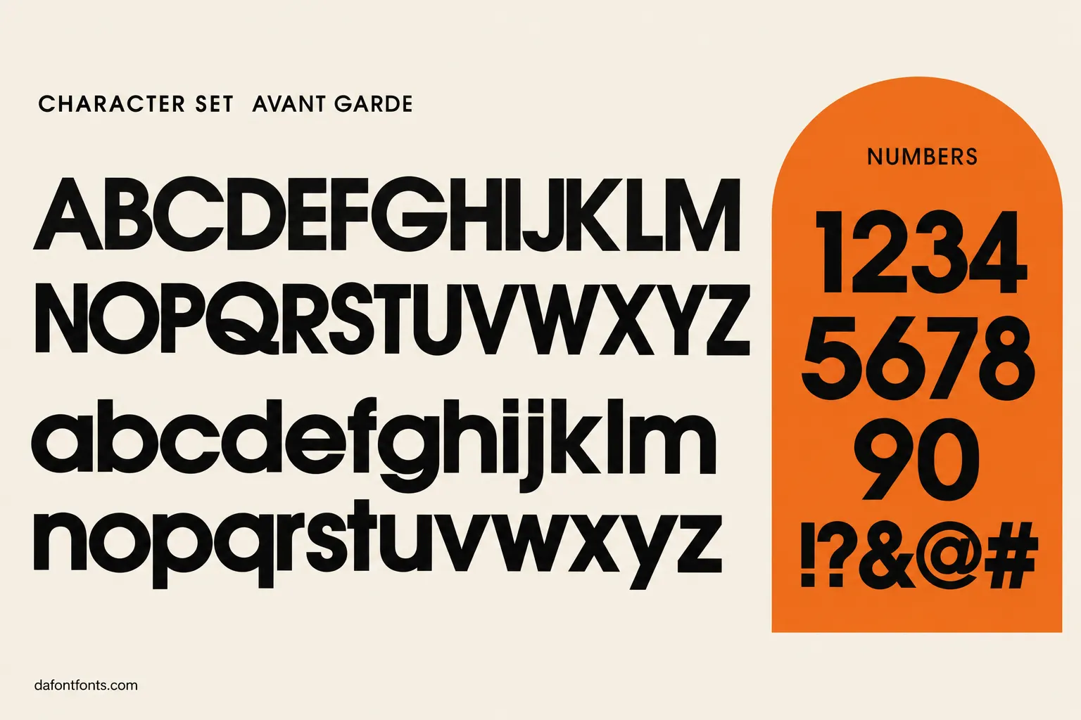 Avant Garde style character set: uppercase and lowercase alphabet, numbers and symbols