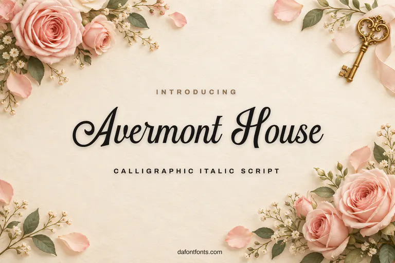 Avermont House font poster: black calligraphy on a warm ivory background with roses