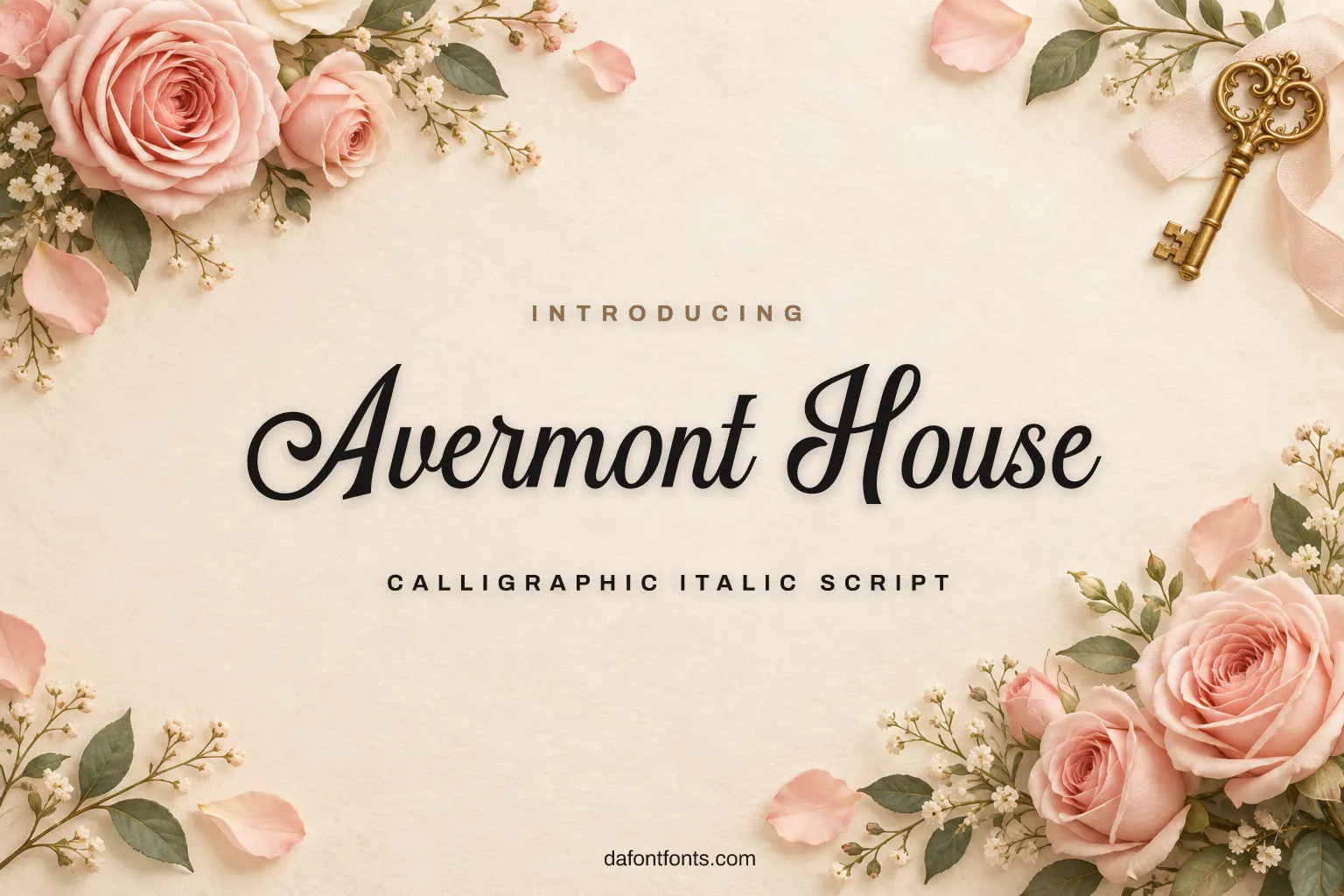 Avermont House font poster: black calligraphy on a warm ivory background with roses