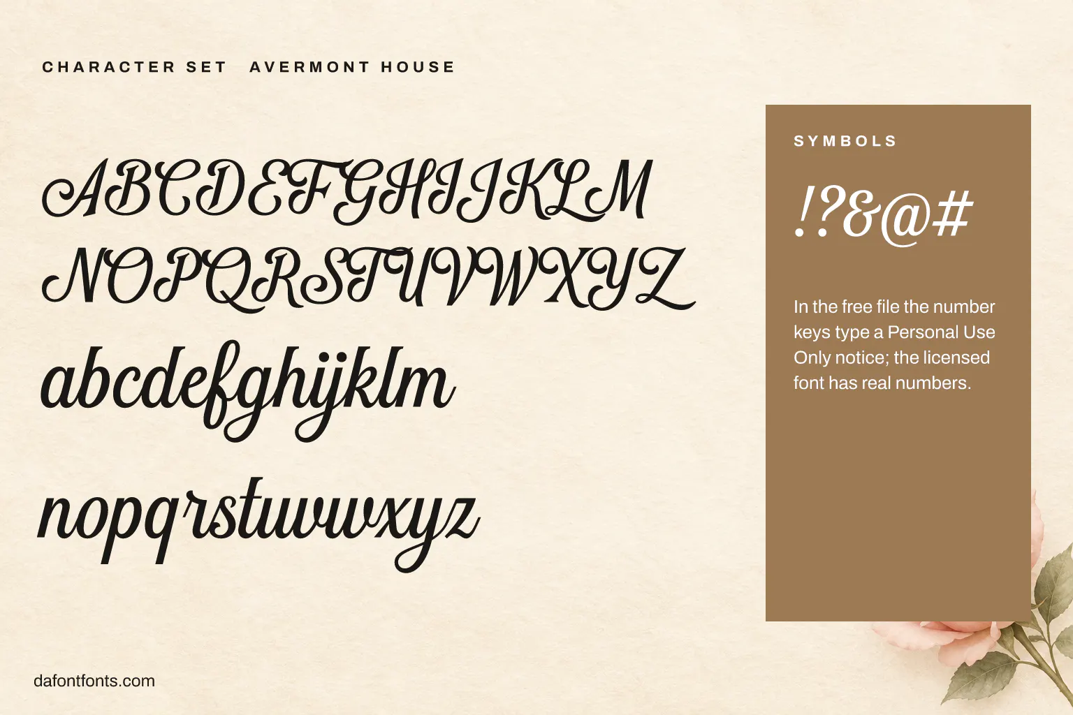 Avermont House character set: capitals, lowercase and symbols (in the free file the number keys type a notice)