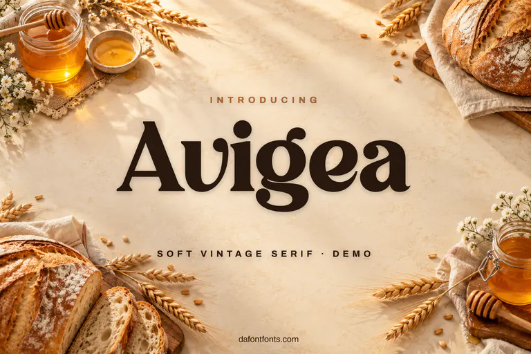 Avigea font poster: dark brown serif on a warm bakery background with honey jars