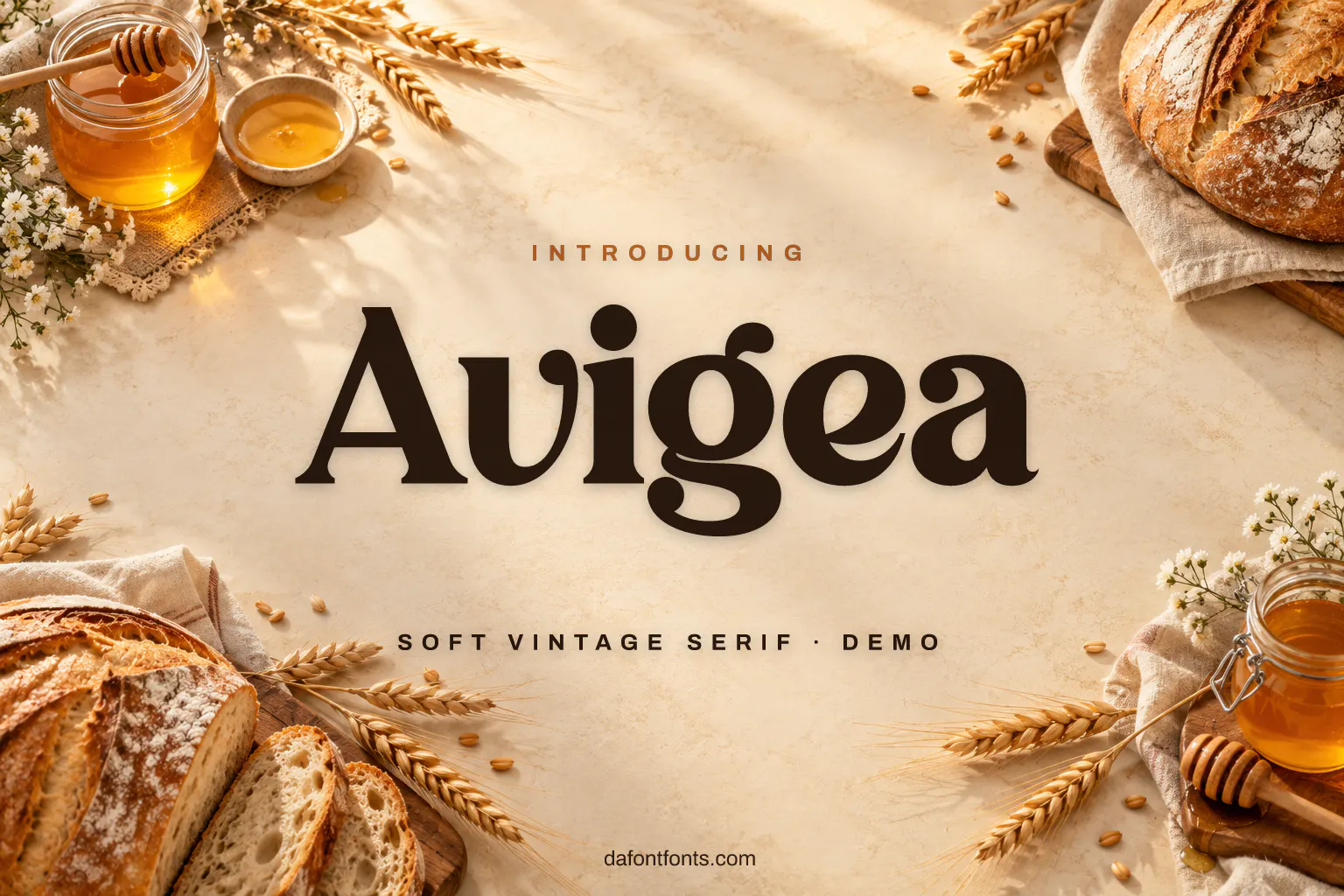 Avigea font poster: dark brown serif on a warm bakery background with honey jars