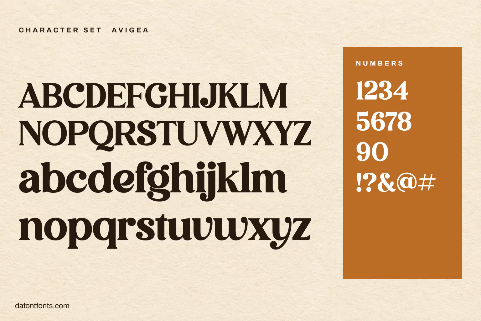 Avigea character set: alphabet, numbers and symbols