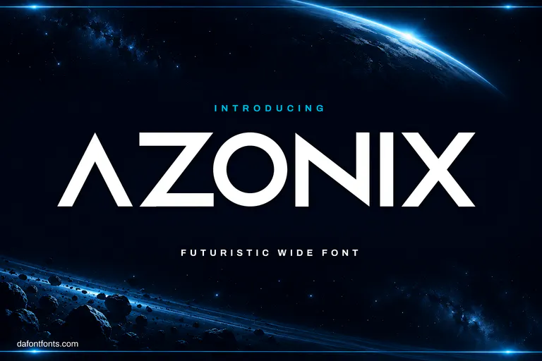 Azonix font poster: white wide letters over a glowing blue planet in space