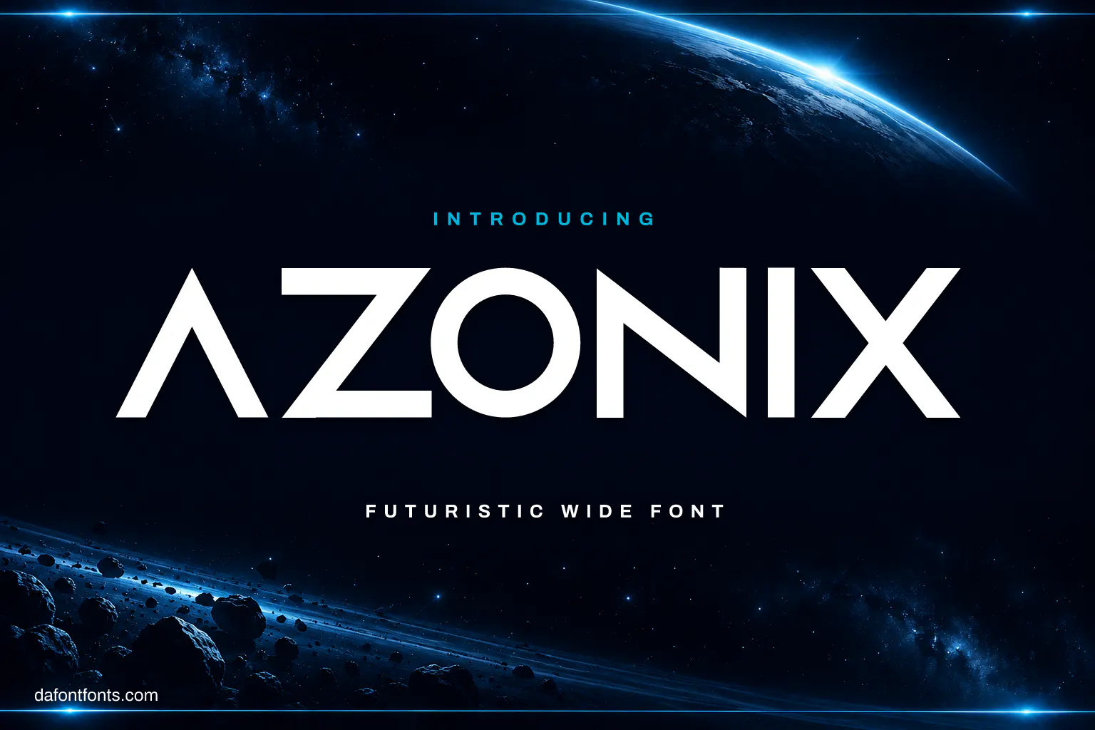 Azonix font poster: white wide letters over a glowing blue planet in space