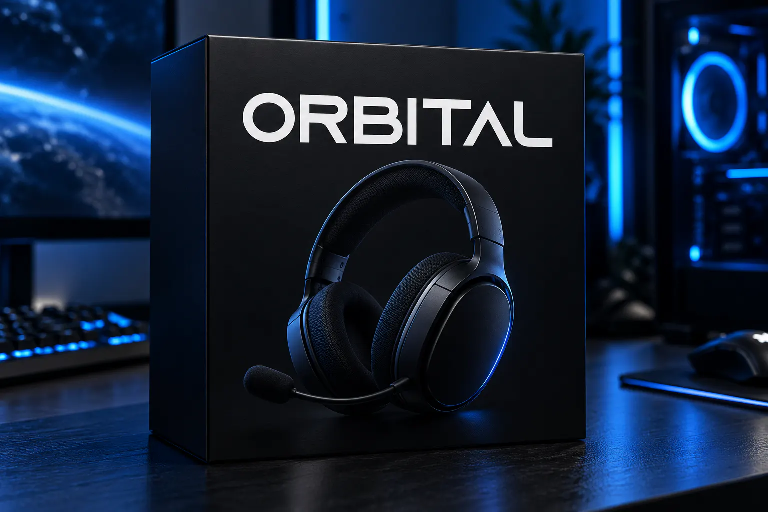 Azonix font on a black gaming headset box reading ORBITAL