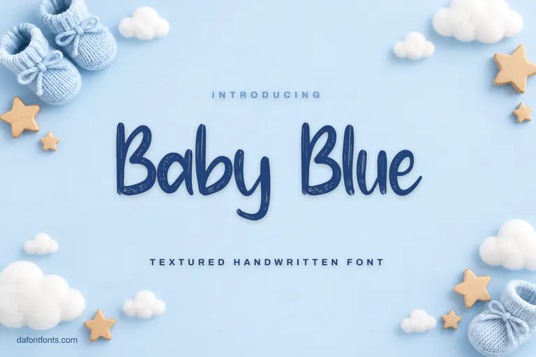 Baby Blue font poster: navy textured handwriting on baby blue with clouds
