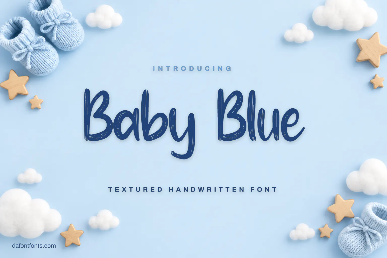 Baby Blue font poster: navy textured handwriting on baby blue with clouds