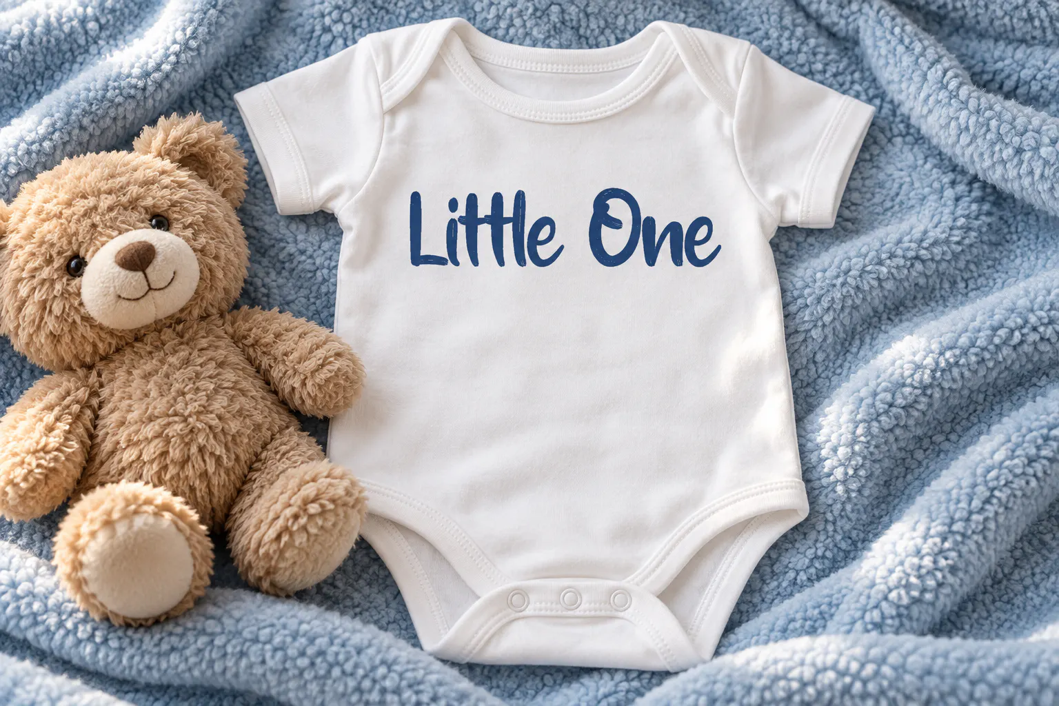 Baby Blue font on a baby onesie reading Little One