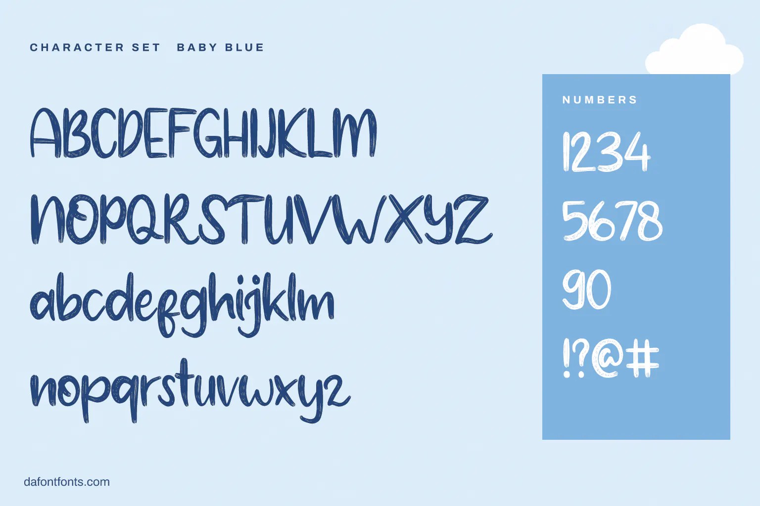 Baby Blue character set: alphabet, numbers and ! ? @ #