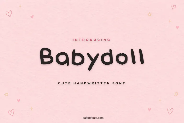 Babydoll font poster: dark handwritten letters on a pastel pink paper background with tiny doodles