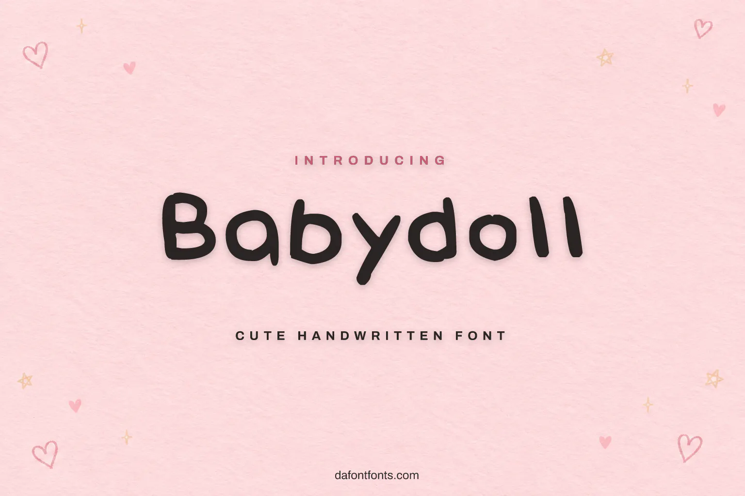 Babydoll font poster: dark handwritten letters on a pastel pink paper background with tiny doodles