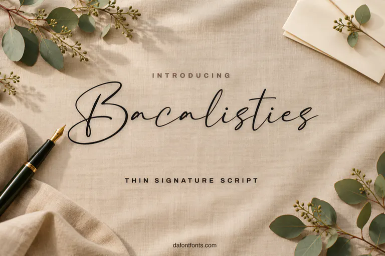 Bacalisties font poster: thin black signature on soft linen with a fountain pen