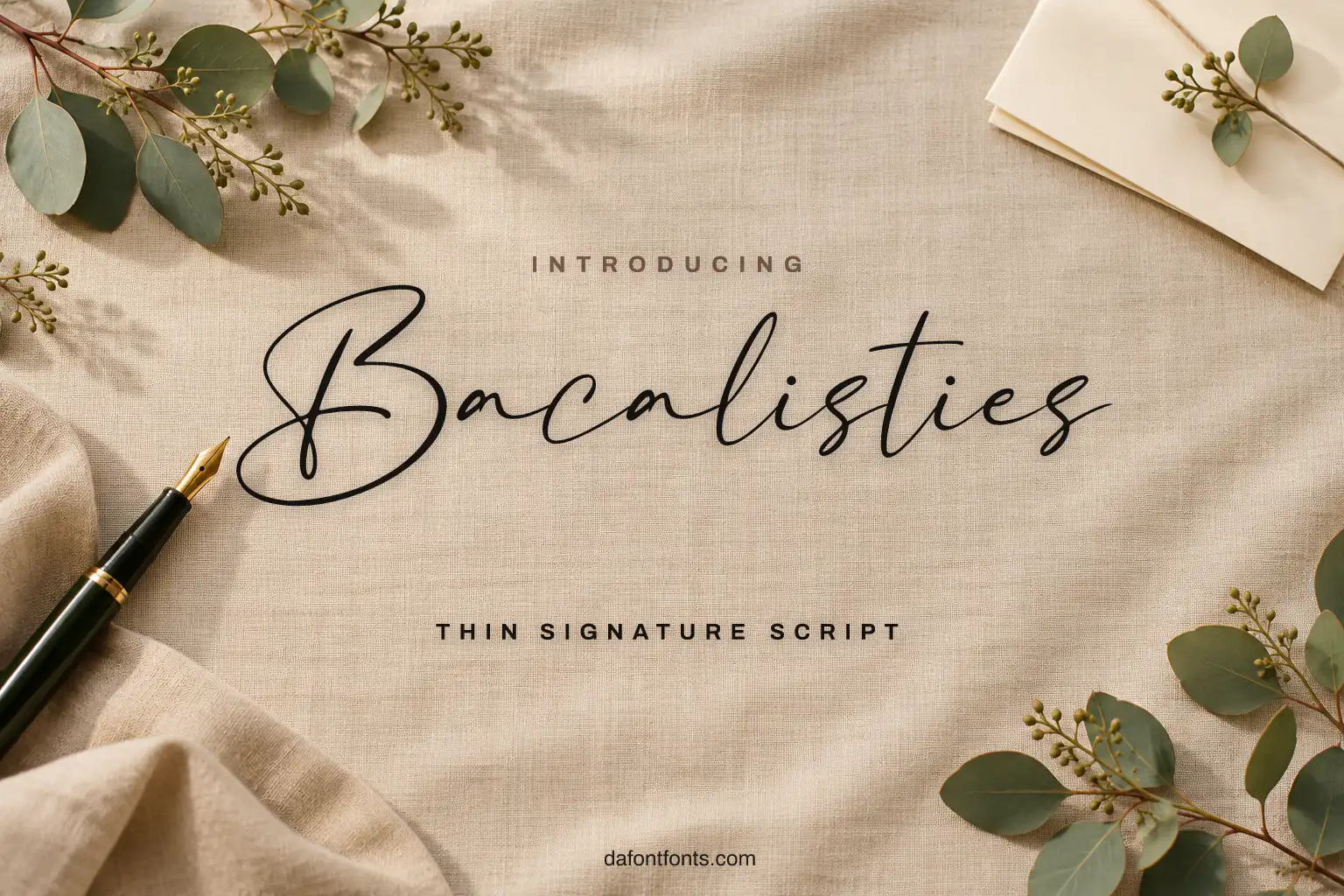 Bacalisties font poster: thin black signature on soft linen with a fountain pen