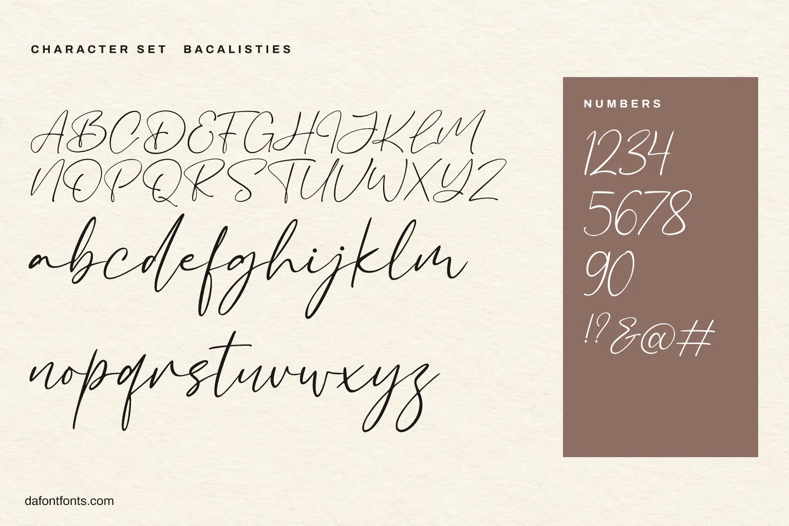 Bacalisties character set: alphabet, numbers and symbols