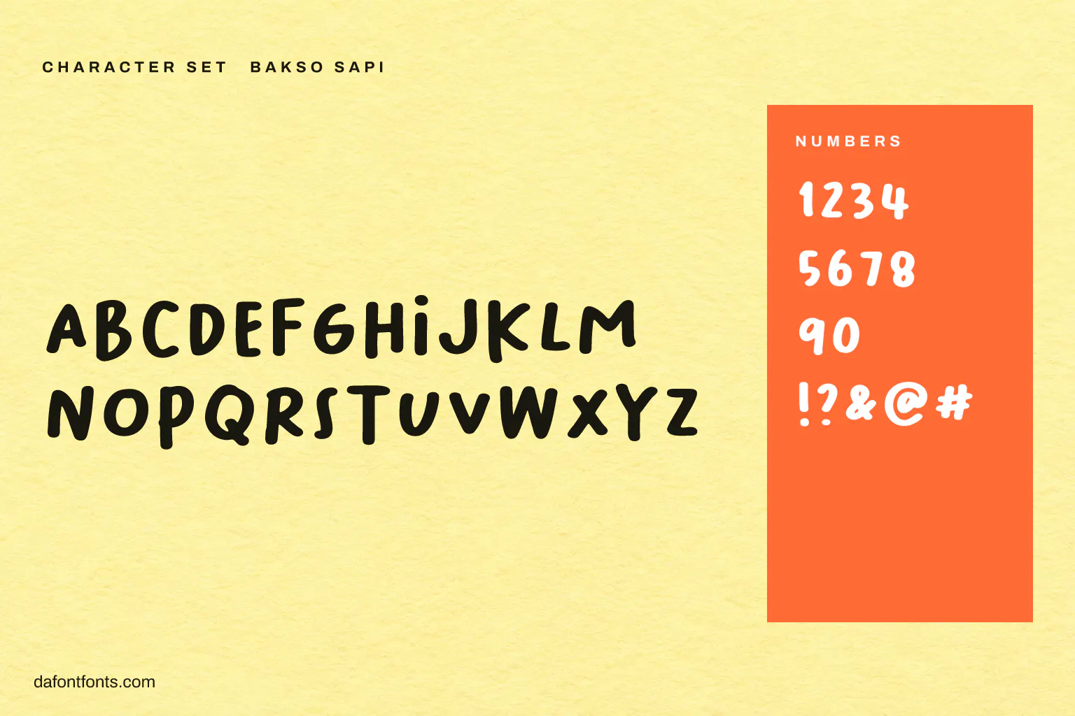 Bakso Sapi character set: capitals, numbers and symbols