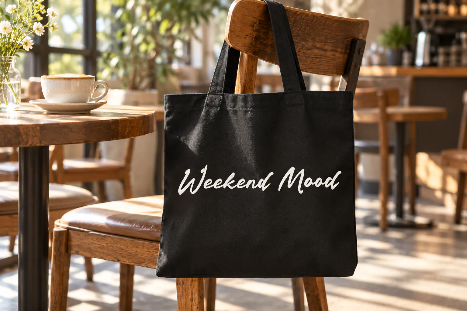 Baleday font on a black tote bag reading Weekend Mood